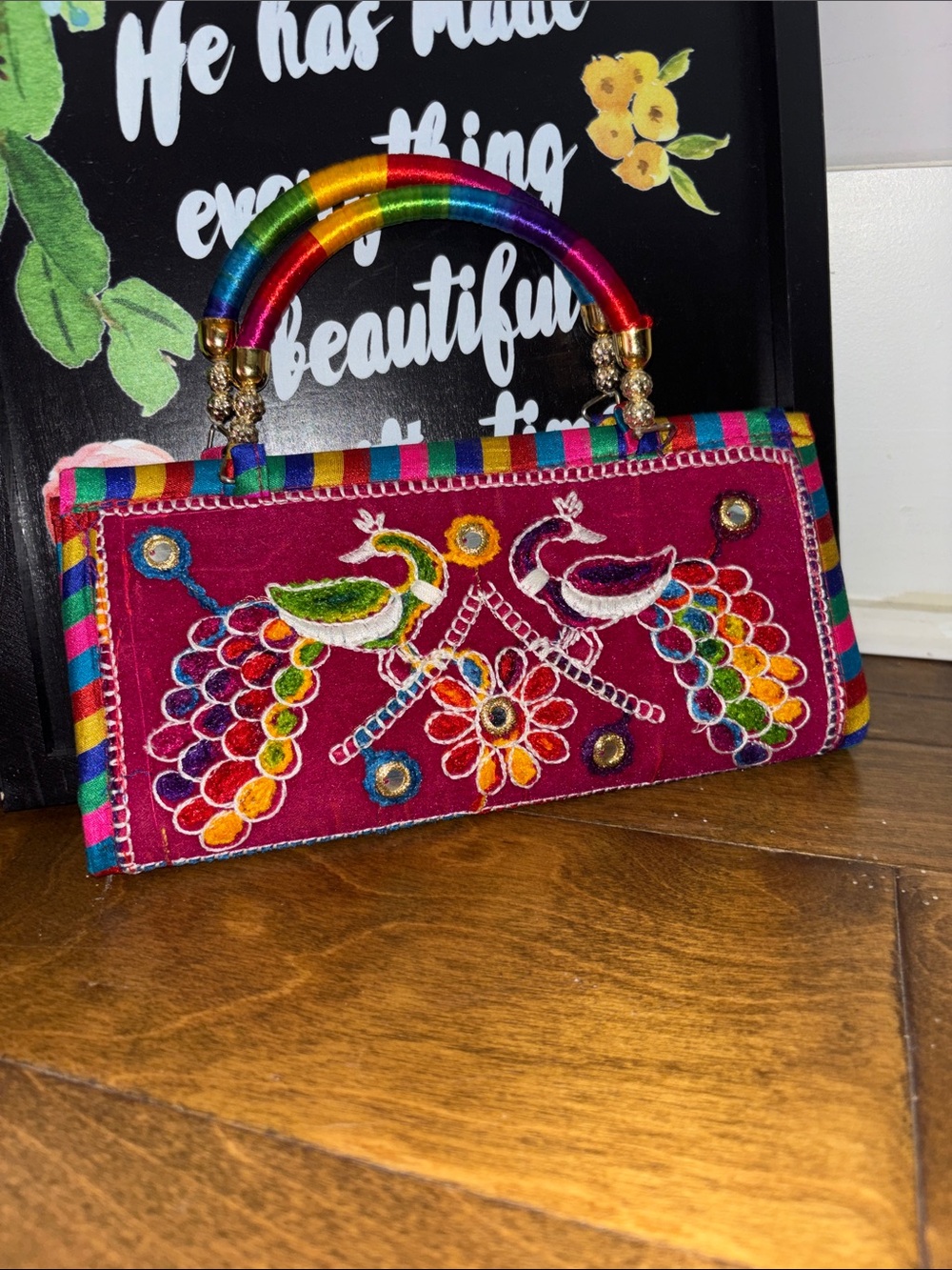 Embroidered Velvet Peacock Ziparound Handbag NWOT